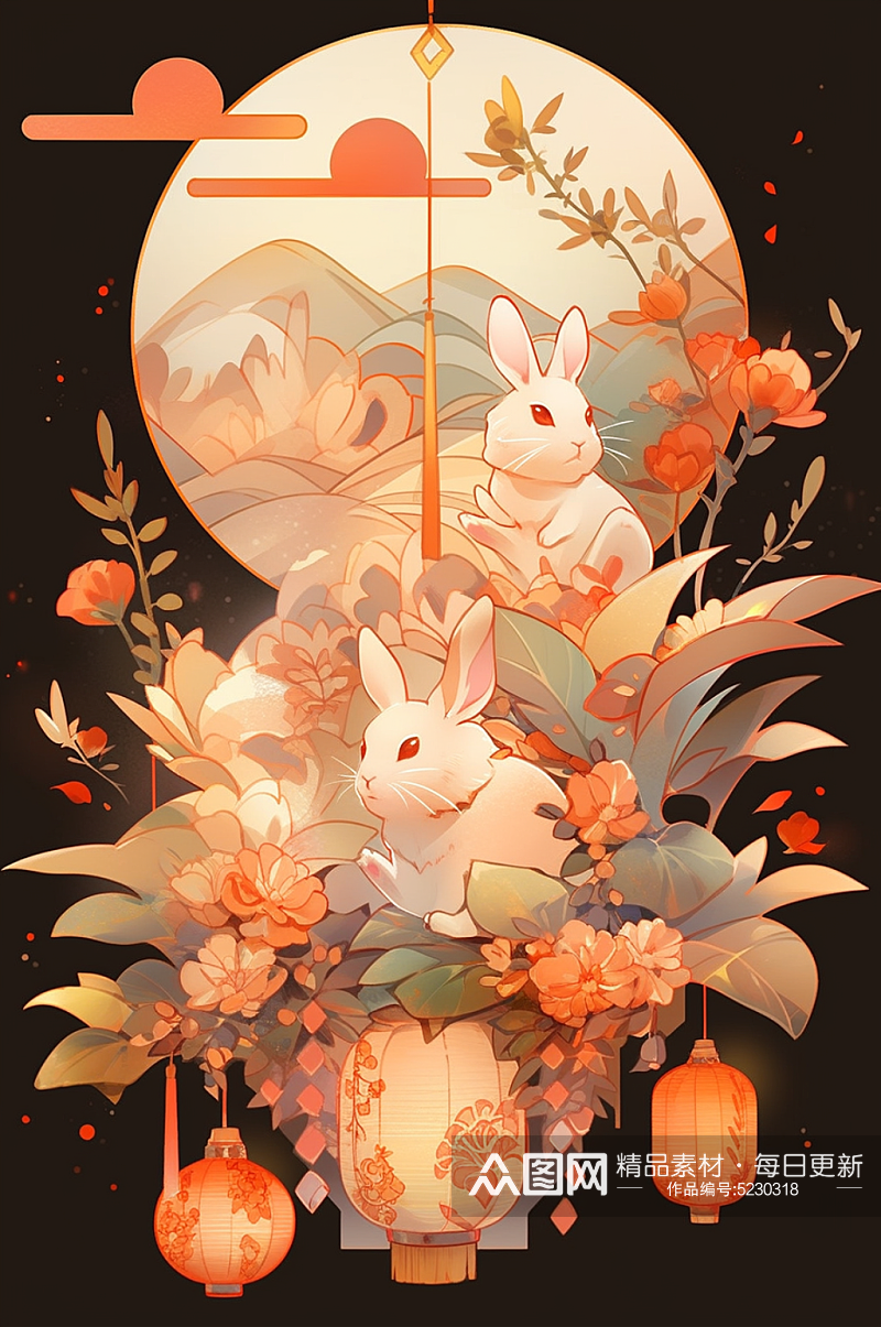 中国风传统中秋节月亮兔子插画海报元素素材