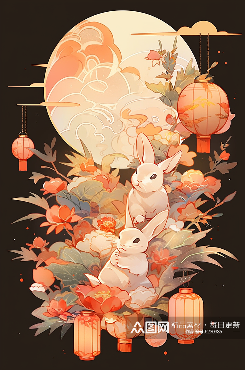 中国风传统中秋节月亮兔子插画海报元素素材