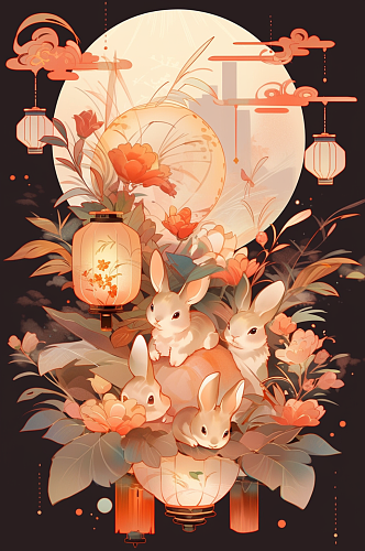 中国风传统中秋节月亮兔子插画海报元素