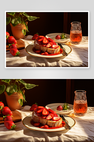 营养早餐草莓吐司蛋糕摄影图