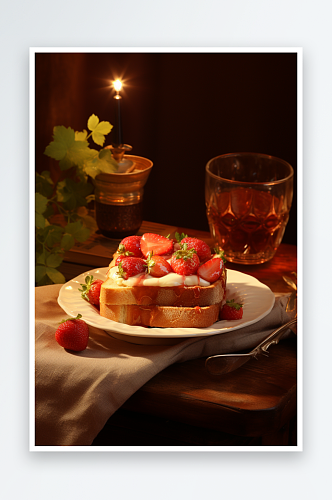营养早餐草莓吐司蛋糕摄影图