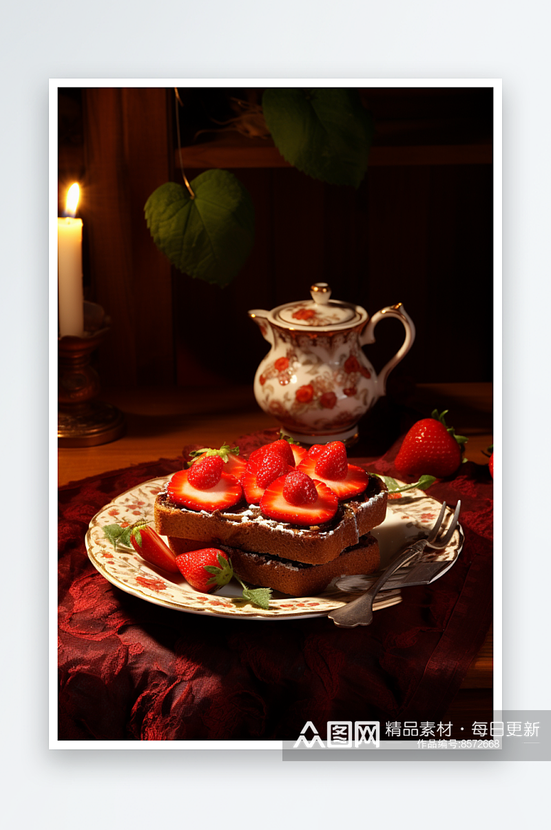 烘焙早餐草莓吐司蛋糕摄影图素材