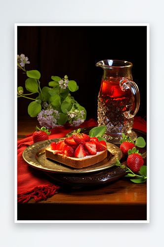 烘焙早餐草莓吐司蛋糕摄影图