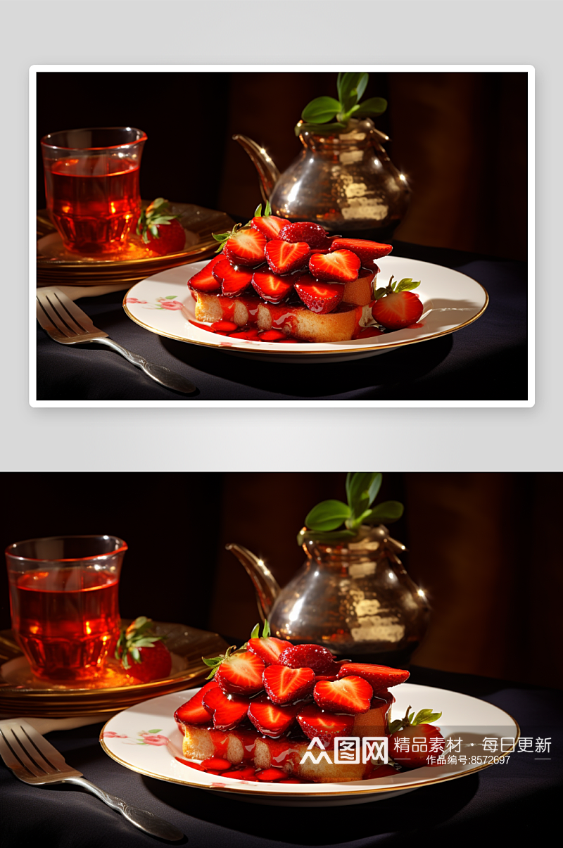 早餐烘焙草莓吐司蛋糕摄影图素材