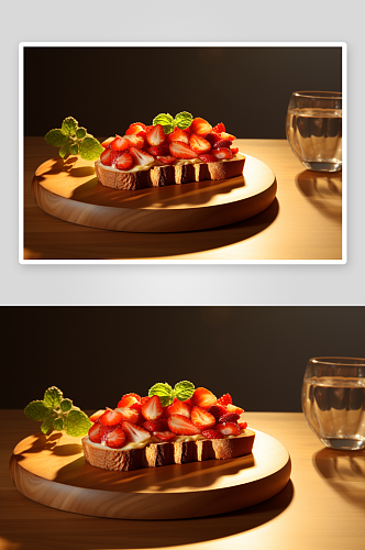早餐烘焙草莓吐司蛋糕摄影图