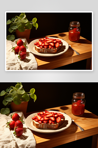 早餐烘焙草莓吐司蛋糕摄影图
