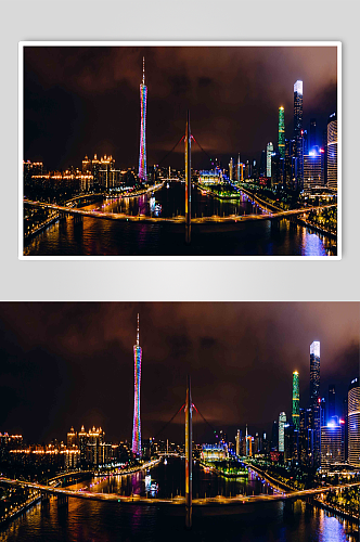 摄影图片全景航拍广州夜景猎德大桥城市建筑灯火