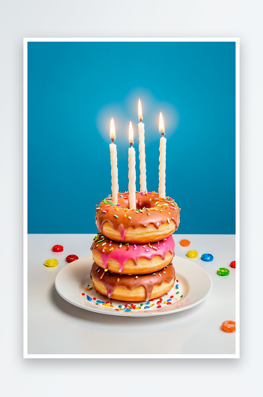 美味甜甜圈加上糖霜生日蜡烛图片