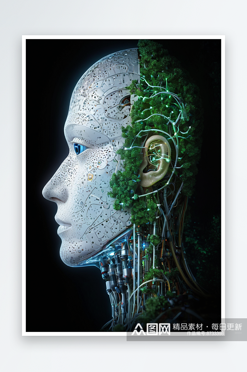 人工智能头机械手人工智能大脑蓝色光树素材