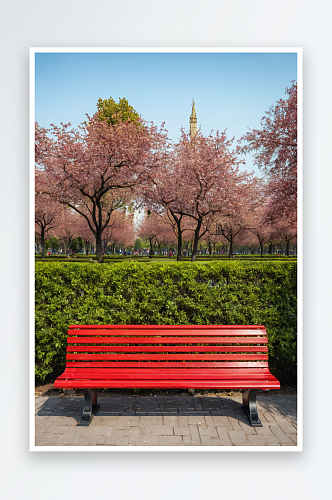 公园里红色长椅图片