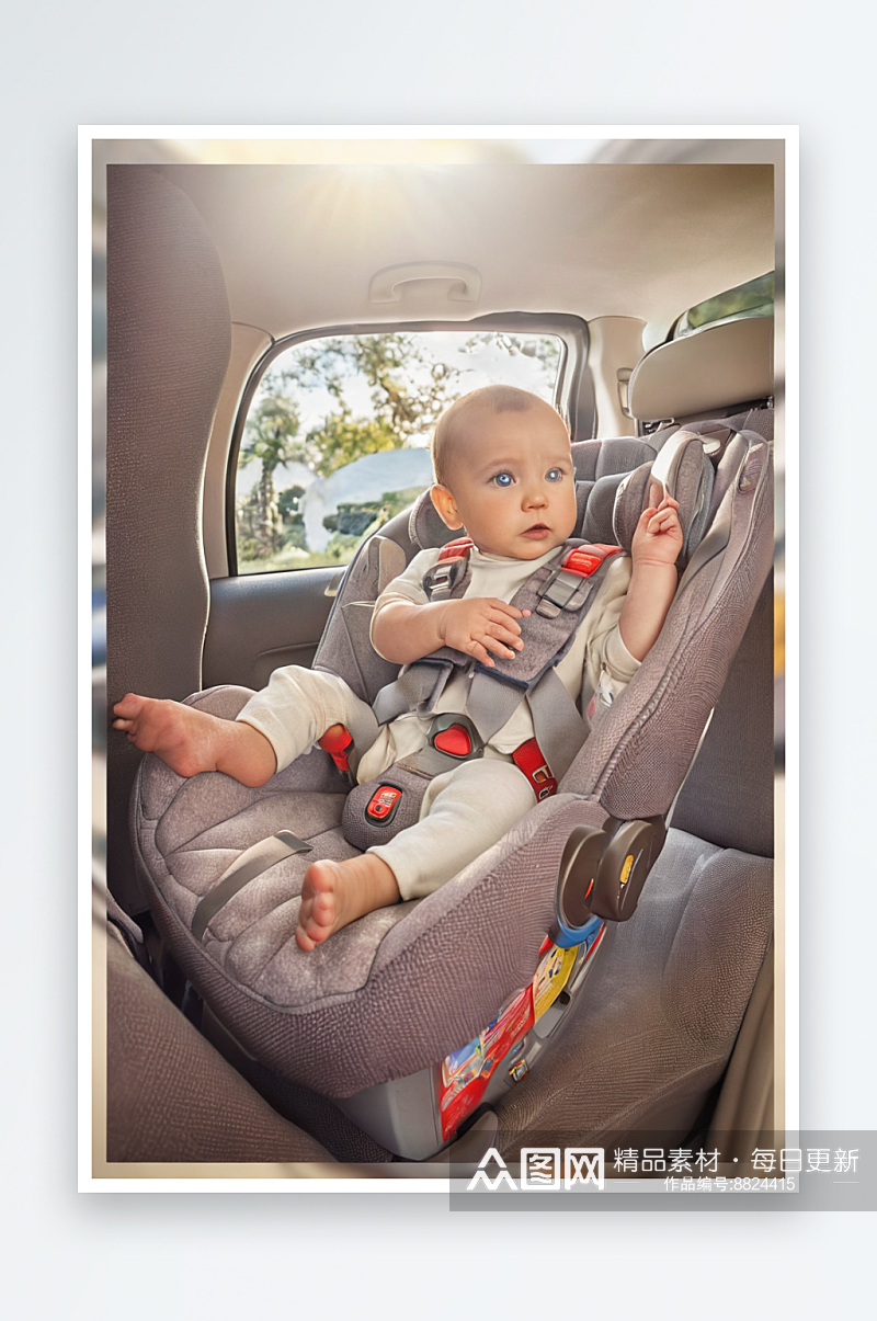 婴儿坐汽车安全座椅上图片素材