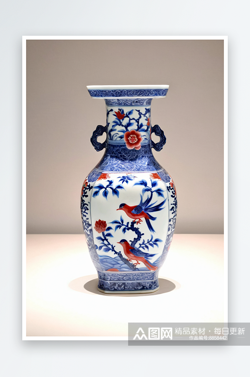 景德镇瓷器博物馆清代青花釉里红花鸟图四方素材
