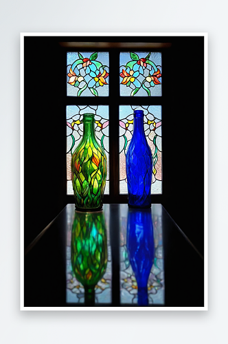 近彩色玻璃瓶桌子上对窗口背景图片
