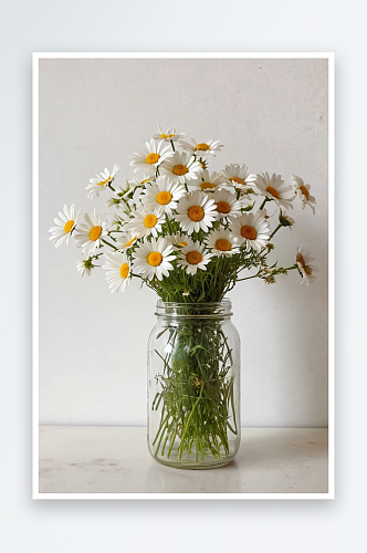 家里白墙边玻璃罐里一束夏日白雏菊野花舒适