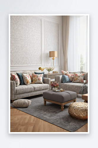 灰色软垫沙发与装饰枕头扶手椅边桌