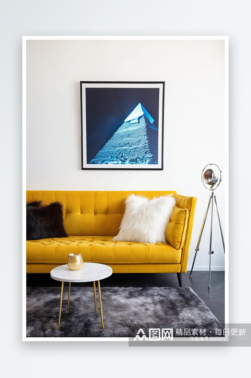 黄色软垫沙发与毛皮枕头白色边桌金字塔设置素材