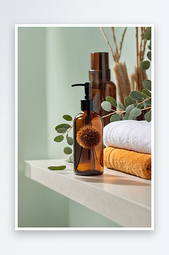 琥珀色玻璃瓶木质按摩刷桉树叶镜子毛巾环保