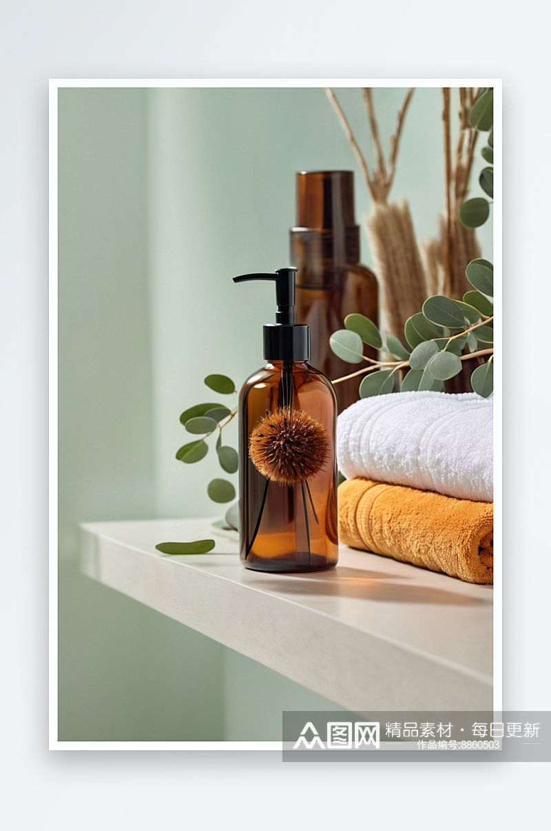 琥珀色玻璃瓶木质按摩刷桉树叶镜子毛巾环保素材