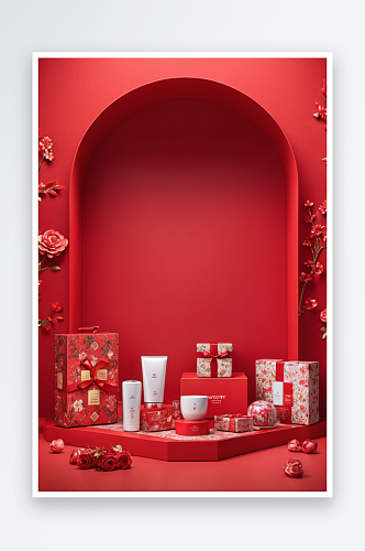 红色概念电商礼盒产品展台场景图片