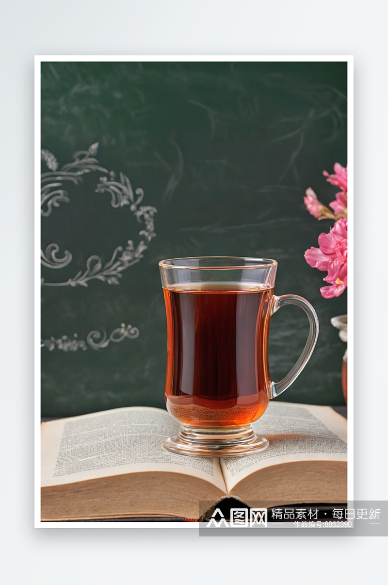 黑板前一本书书上一杯茶照片素材