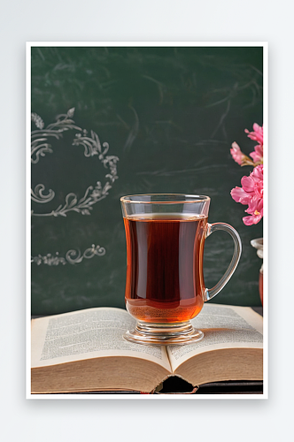 黑板前一本书书上一杯茶照片