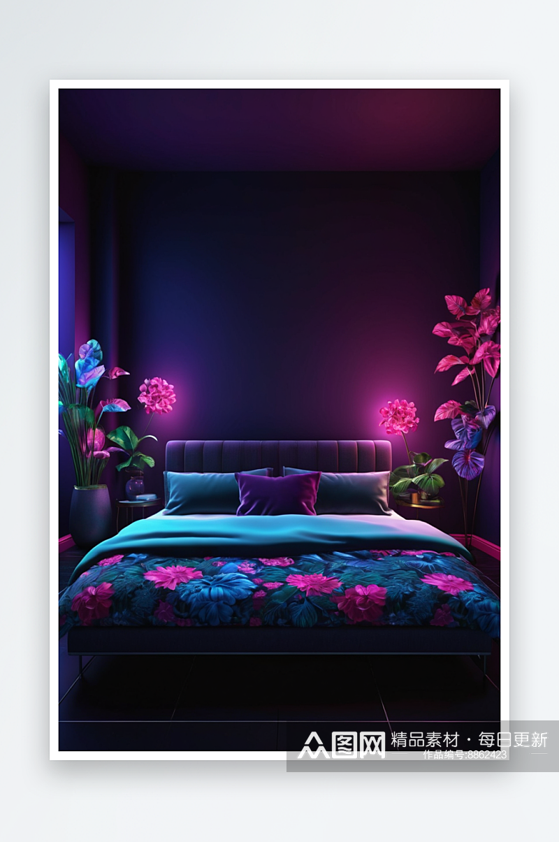 黑暗霓虹色彩房间3D渲染图片素材