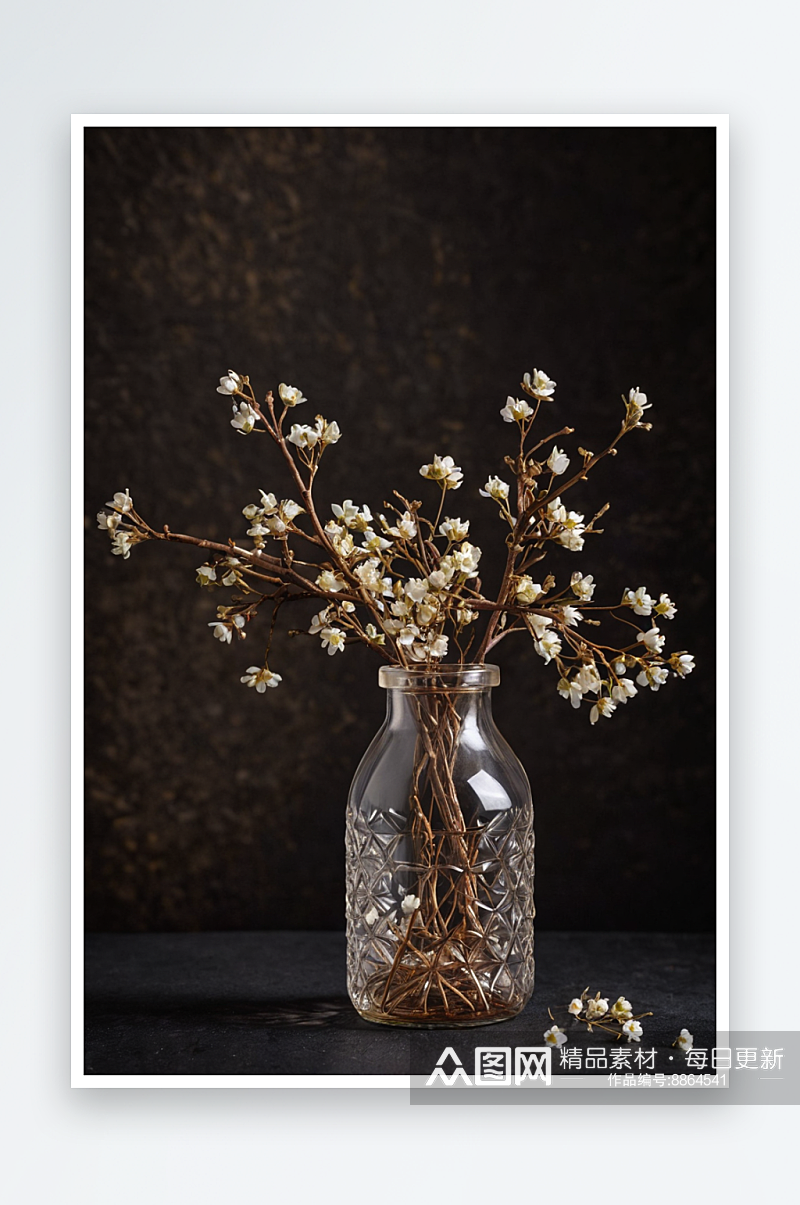 干细棕色树枝白色小花放玻璃瓶里深色背景时素材