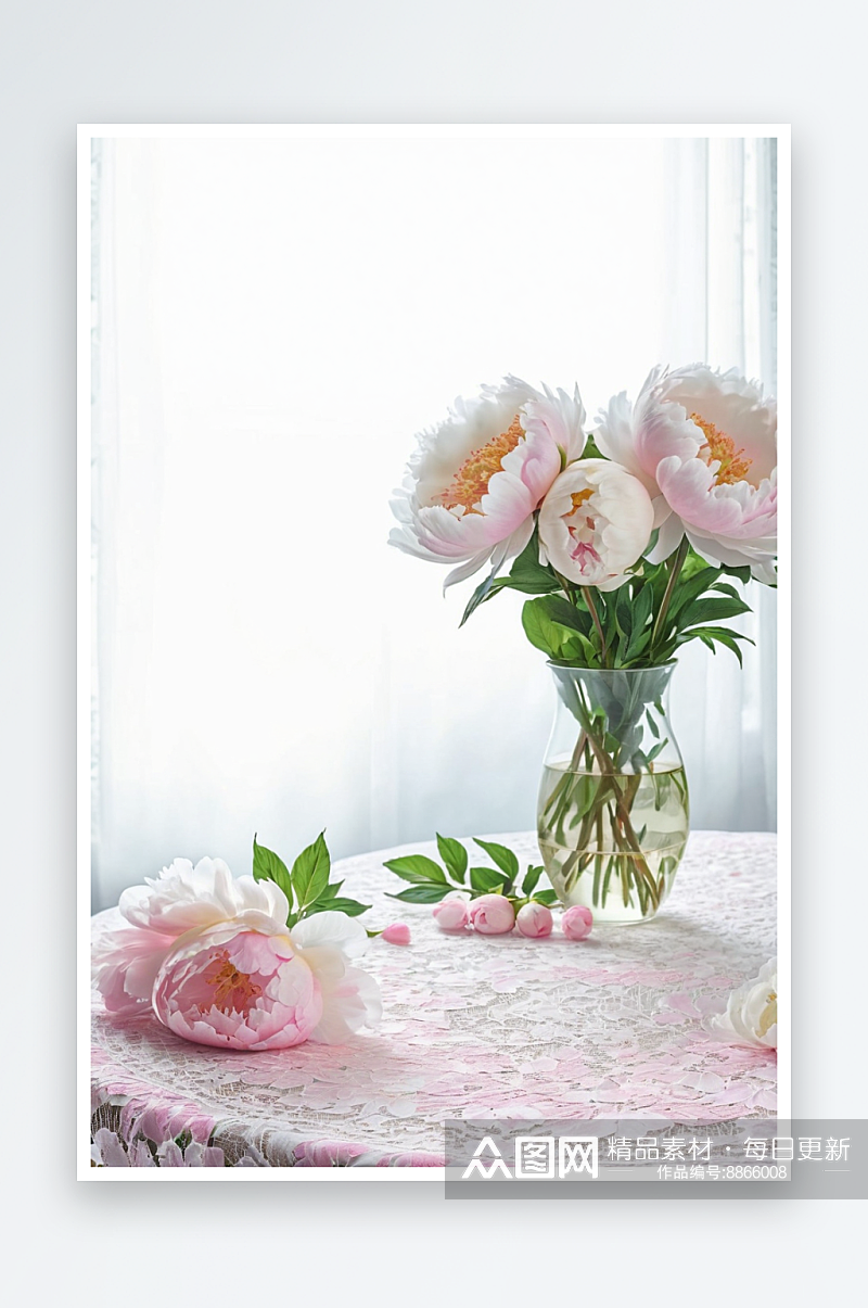 牡丹粉色花朵花纹花瓶近景自然美纯净图片素材
