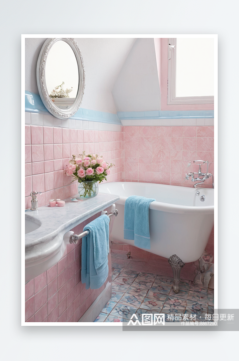 底座水槽之间架子粉红色淡蓝色毛巾白色瓷砖素材