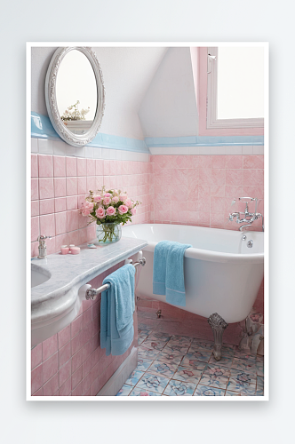 底座水槽之间架子粉红色淡蓝色毛巾白色瓷砖