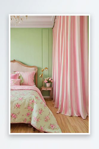 淡绿色卧室简单木地板粉红色条纹彩色窗帘图