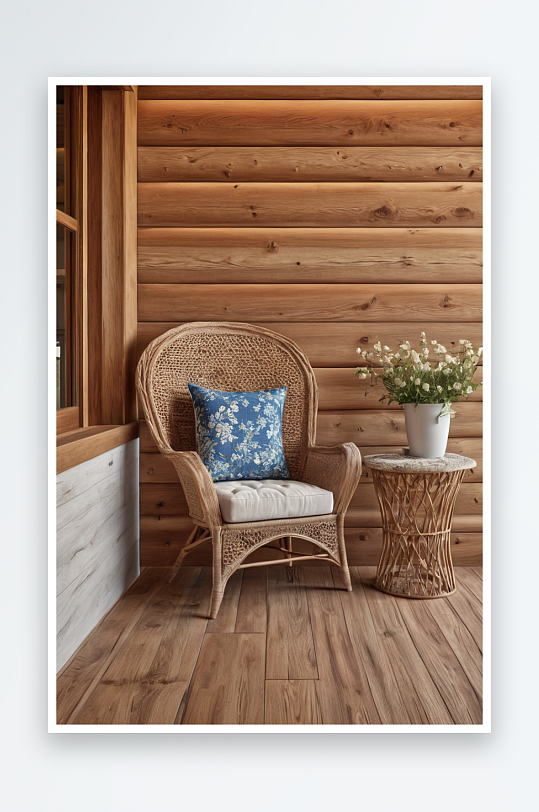 带靠垫安乐椅放带有木墙阳台乡村木板地板上