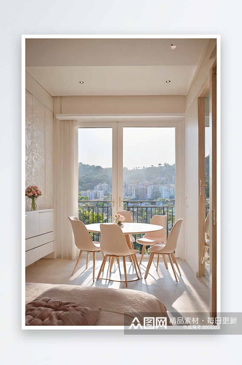 从卧室透过敞开门看到阳台有桌子浅色现代椅素材