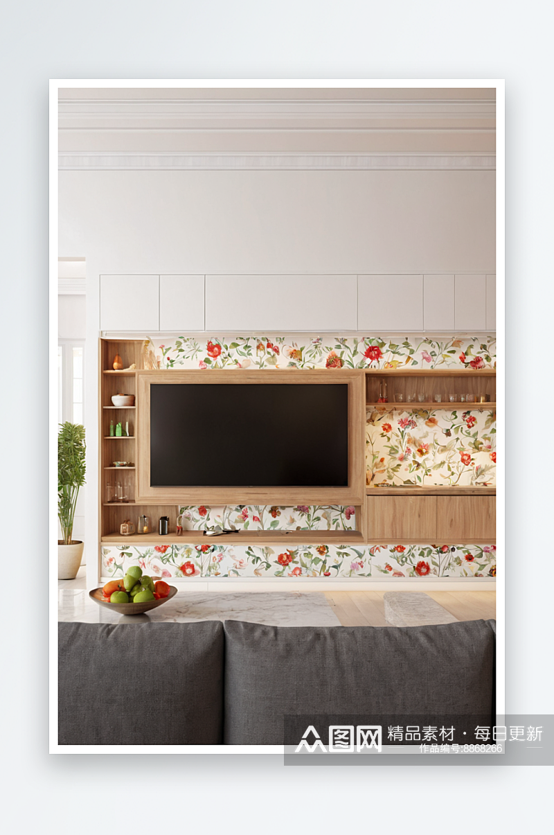 从沙发到安装木质柜台上平板电视以及背景中素材