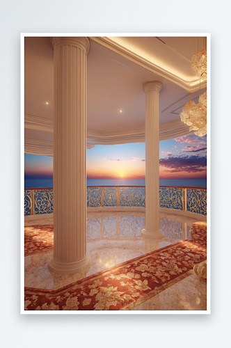 从豪华家庭展示阳台欣赏日落海景图片
