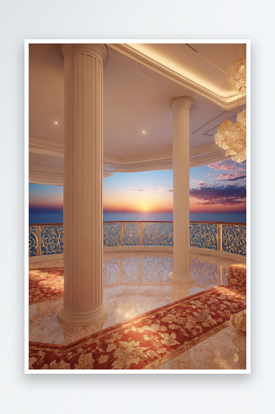 从豪华家庭展示阳台欣赏日落海景图片