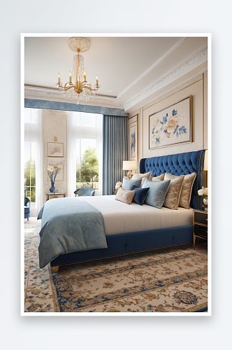 床与软垫蓝色框架米色地毯优雅卧室图片