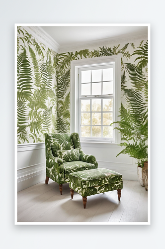 窗下配脚凳阅读椅装饰墙纸下面有蕨类植物