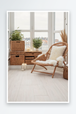 窗前白色木地板上舒适柳条躺椅上放着靠垫毛