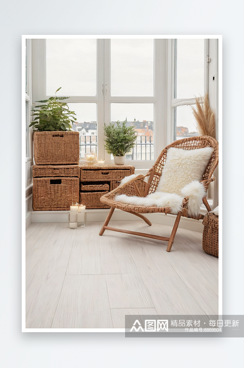 窗前白色木地板上舒适柳条躺椅上放着靠垫毛素材