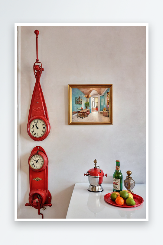 厨房桌子上放着红色设计师托盘老式绞肉机墙