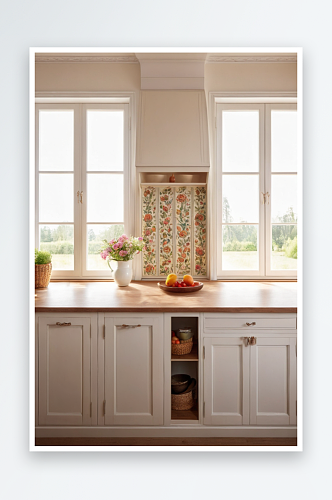厨房柜台与木制台面白色橱柜下窗户乡村室内