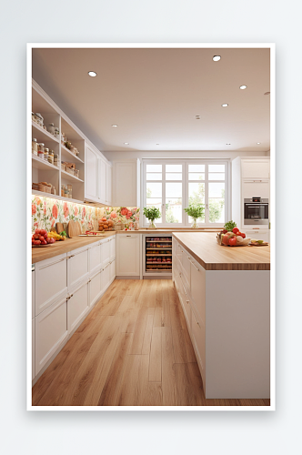 厨房柜台与白色基础单元宽敞厨房与木地板开