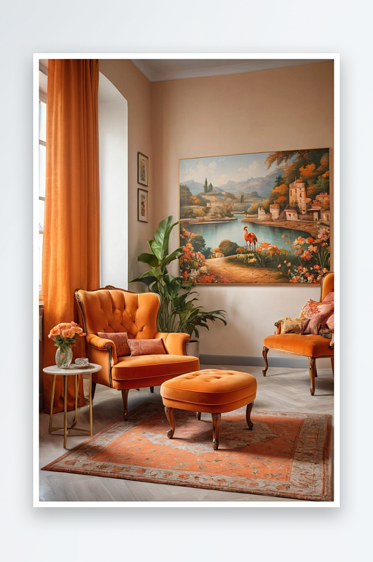 橙色扶手椅配套脚凳上面墙上有画图片