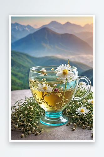 茶装绿松石装饰杯里山茶花草茶白茶照片