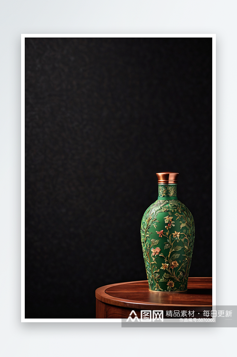 插着绿萝梅瓶摆放红木茶几上特写黑色背景图素材
