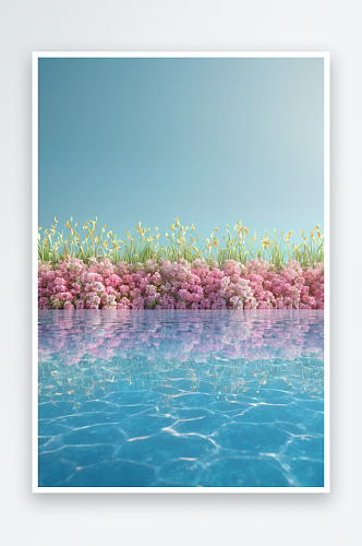 草地与水面上展示台3D渲染图片