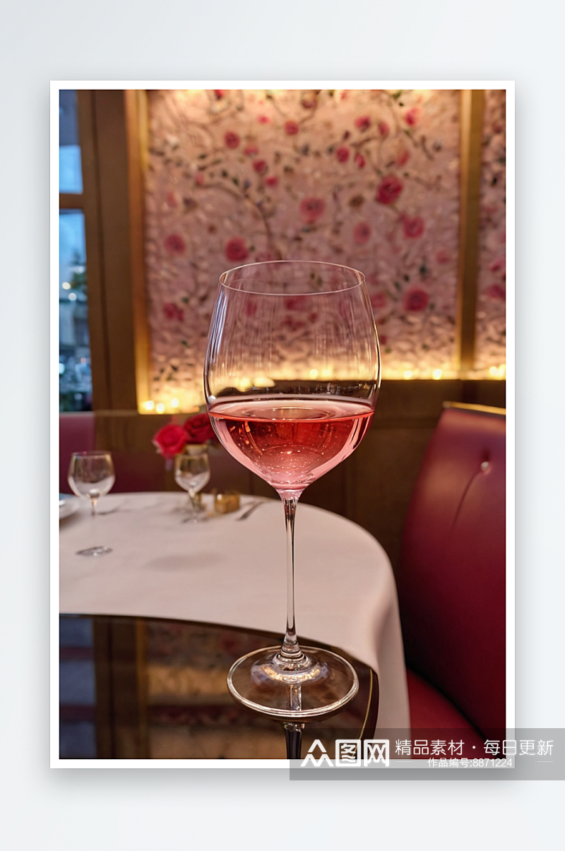 餐馆桌子上一杯玫瑰酒特写照片素材