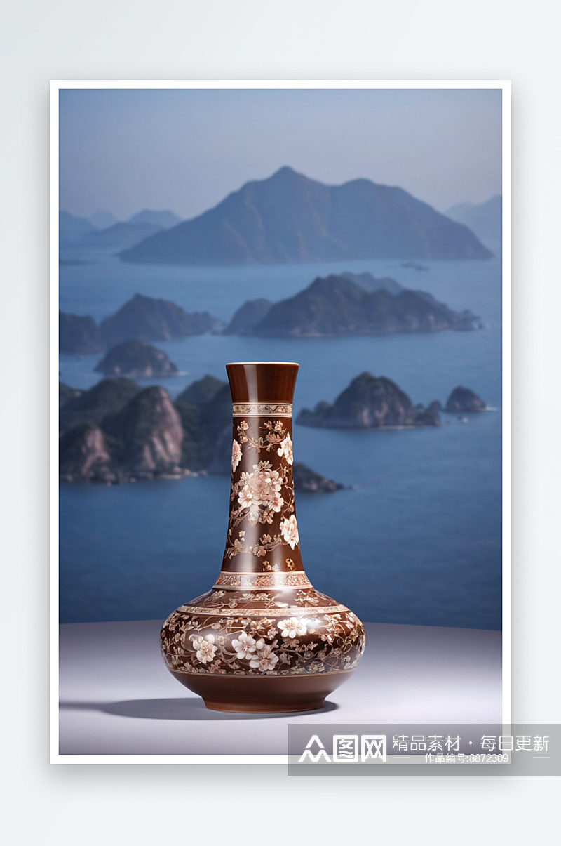 博物馆吉州窑白地褐彩海水纹长径瓶宋图片素材