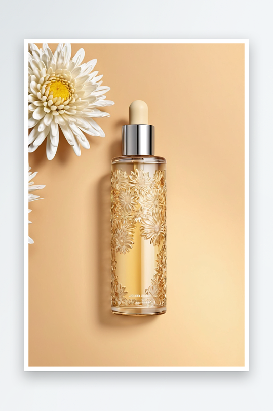 玻璃瓶美丽血清美丽非洲菊花柔米色背景图片